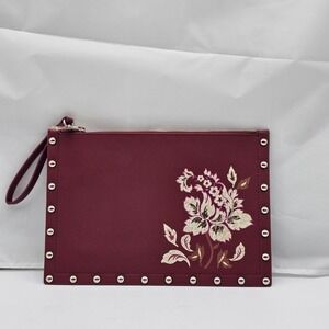 White House Black Market Red Studded Floral Detail Wristlet Clutch Bag Studs